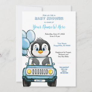 Jongen Baby shower Penguin in Car Invitation Kaart