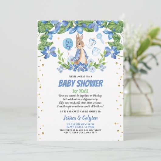 Jongen baby shower per post Bunny Rabbit blue Kaart (Staand voorkant)