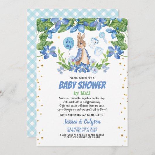 Jongen baby shower per post Bunny Rabbit blue Kaart (Voorkant / Achterkant)