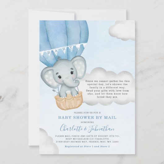 Jongen Baby shower per post Elephant Blue Kaart (Voorkant)