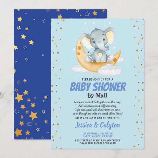 Jongen baby shower per post olifantenmaan en -ster kaart (Voorkant / Achterkant)