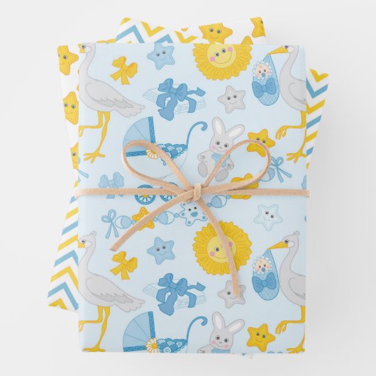 Jongen Baby shower — Reeks verpakkingspapier van 3 Inpakpapier Vel (In situ)