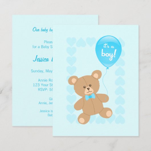 Jongen Baby shower Teddy met ballonuitnodiging Kaart (Voorkant / Achterkant)