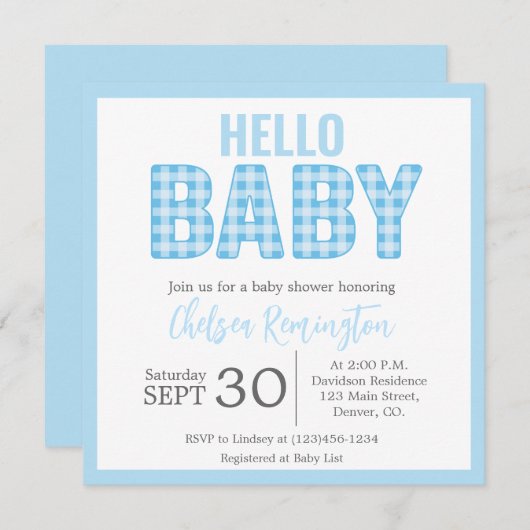 Jongen Baby shower Uitnodiging - Blue Gingham (Voorkant / Achterkant)