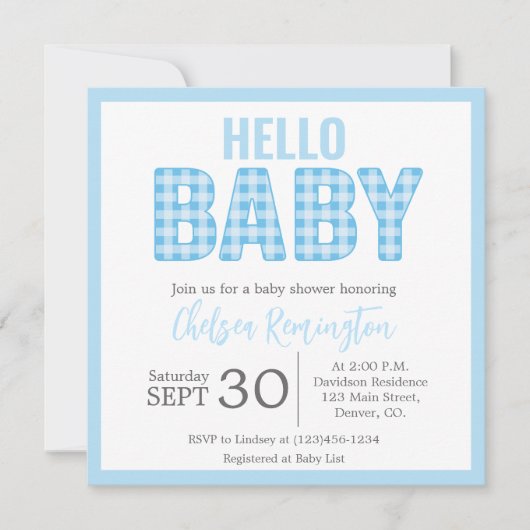 Jongen Baby shower Uitnodiging - Blue Gingham (Voorkant)