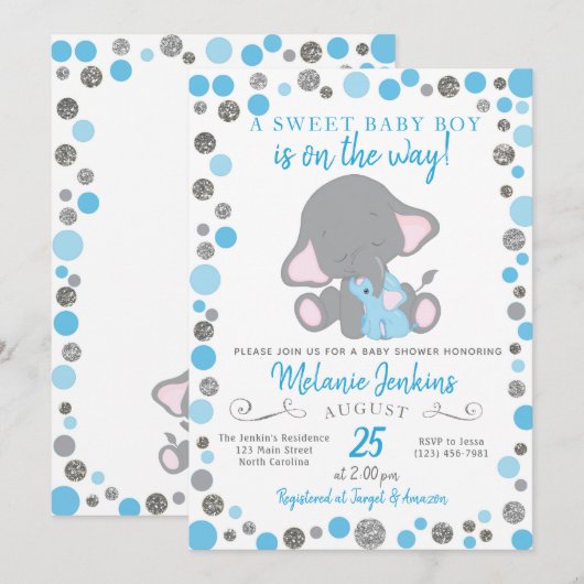 Jongen Baby shower Uitnodiging, Elephant Baby show Kaart (Voorkant / Achterkant)