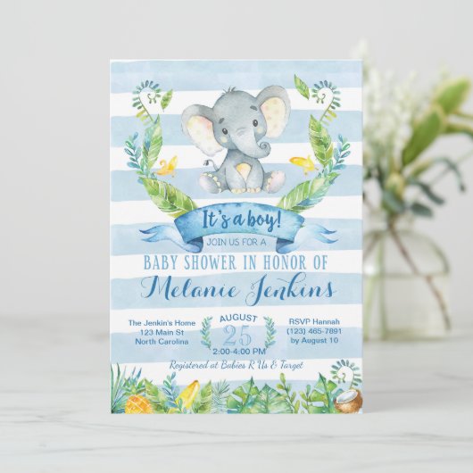 Jongen Baby shower Uitnodiging, Elephant Baby show Kaart (Staand voorkant)