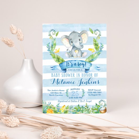 Jongen Baby shower Uitnodiging, Elephant Baby show Kaart