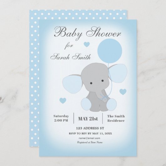 Jongen Baby shower Uitnodiging Elephant Blue (Voorkant / Achterkant)