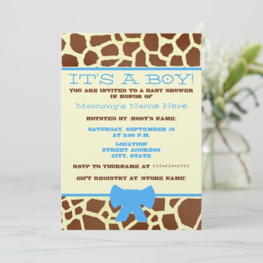 Jongen Baby shower Uitnodiging - Giraffe afdrukken (Staand voorkant)