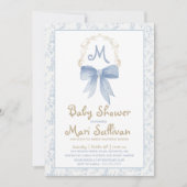 Jongen Baby shower Uitnodiging met Blauwe Damast (Voorkant)