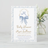 Jongen Baby shower Uitnodiging met Blauwe Damast (Staand voorkant)