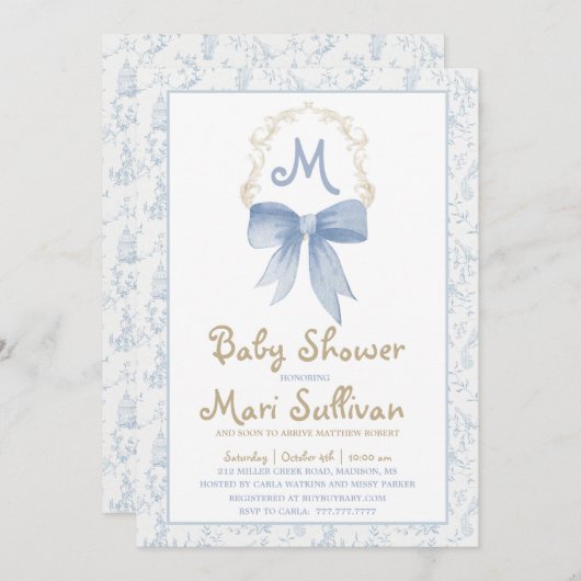 Jongen Baby shower Uitnodiging met Blauwe Damast (Voorkant / Achterkant)