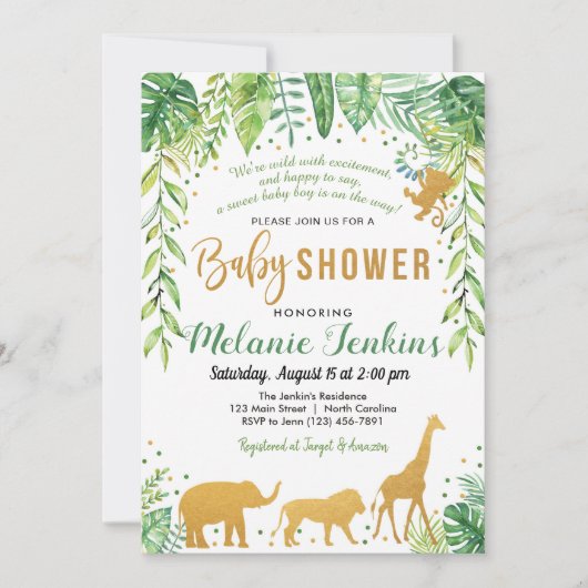 Jongen Baby shower Uitnodiging, Oerwoud Baby showe Kaart (Voorkant)