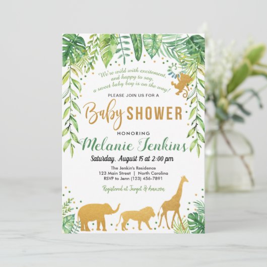 Jongen Baby shower Uitnodiging, Oerwoud Baby showe Kaart (Staand voorkant)