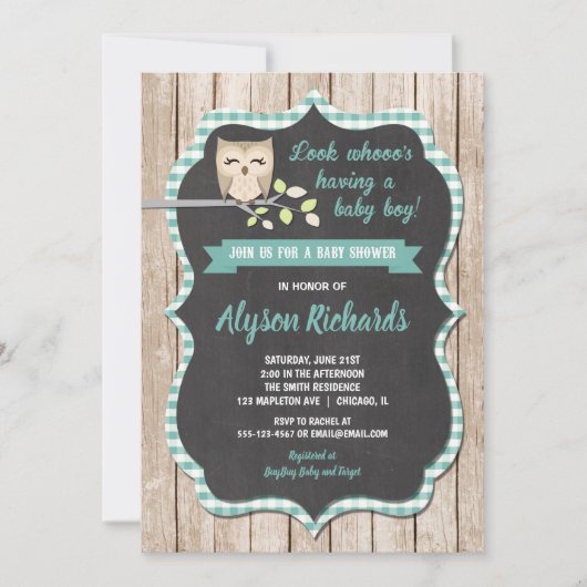 Jongen baby shower uitnodiging, Uil baby shower Kaart (Voorkant)