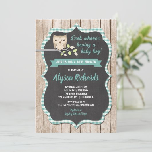 Jongen baby shower uitnodiging, Uil baby shower Kaart (Staand voorkant)