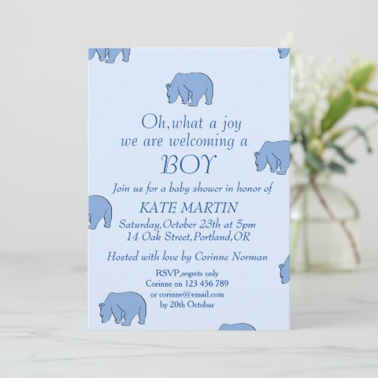 Jongen baby shower uitnodigingskaart met blauw bee kaart (Staand voorkant)