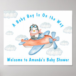 Jongen Baby shower Vliegtuig Blue Penguin Poster