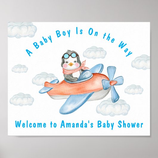 Jongen Baby shower Vliegtuig Blue Penguin Poster (Voorkant)