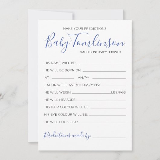 Jongen Baby shower voorspelling Raad spelkaart Kaart (Voorkant)