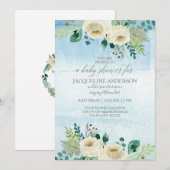 Jongen Baby shower Waterverf Blauwe roze Floral Kaart (Voorkant / Achterkant)