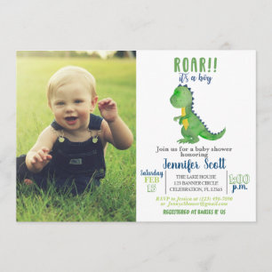 Jongen Baby shower Waterverf Dinosaur Foto Uitnodi Kaart