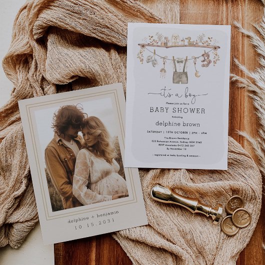 Jongen Babykleding Boho Neutral Tone Baby shower Kaart