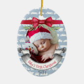 Jongen Baby's Eerste Kerstboom Blauw & Rood Foto Keramisch Ornament (Voorkant)