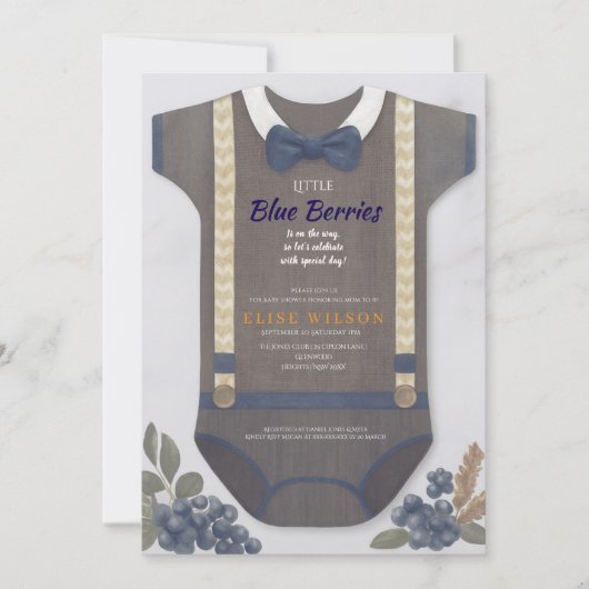 Jongen babyshower herfst blauwe jute rompertje kaart (Voorkant)