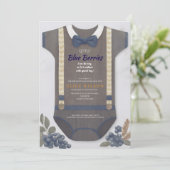 Jongen babyshower herfst blauwe jute rompertje kaart (Staand voorkant)