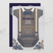 Jongen babyshower herfst blauwe jute rompertje kaart (Voorkant / Achterkant)