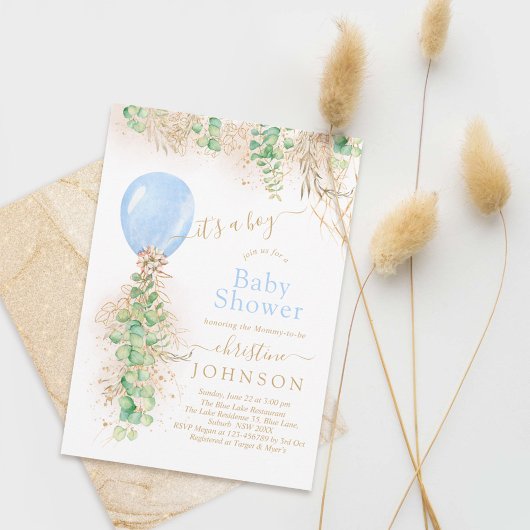 Jongen ballon Eucalyptus Gold Glitter Baby shower Kaart