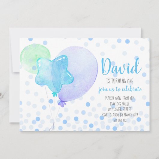 Jongen Ballons Confetti Blue Cute 1st Birthday Par Kaart (Voorkant)