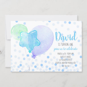 Jongen Ballons Confetti Blue Cute 1st Birthday Par Kaart