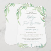 Jongen Baptism 1st Birthday Party, Spring Greenery Kaart (Voorkant / Achterkant)