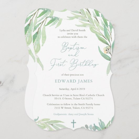 Jongen Baptism 1st Birthday Party, Spring Greenery Kaart (Voorkant / Achterkant)