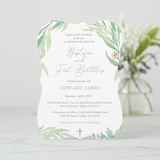 Jongen Baptism 1st Birthday Party, Spring Greenery Kaart (Staand voorkant)