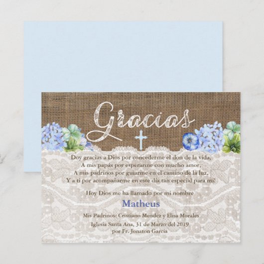Jongen Baptism Bautismo Hartelijk dank, Spaans Uitnodiging Briefkaart (Voorkant / Achterkant)
