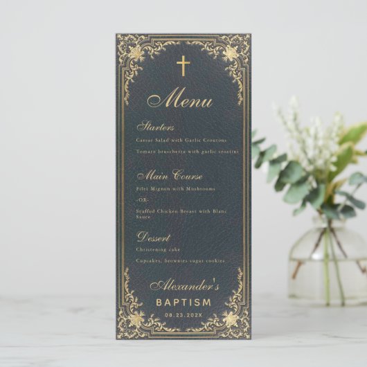 Jongen Baptism Blue Gold Elegant Calligraphy  Menu (Staand voorkant)