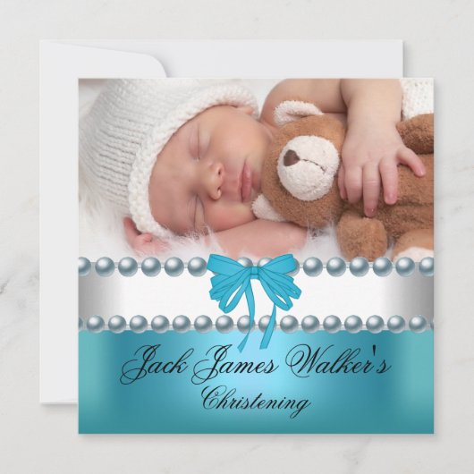 Jongen Baptism Christening Boy White Blue Bow Foto Kaart (Voorkant)