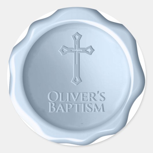 Jongen Baptism Dusty Blue Wax Seal Ingeblazen krui Ronde Sticker (Voorkant)