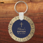 Jongen Baptism Elegant Navy Blue  Gold Rozen Sleutelhanger (Voorkant)