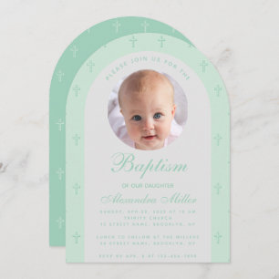 Jongen Baptism Foto Modern Arch Mint Green Script Kaart