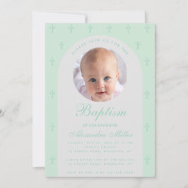 Jongen Baptism Foto Modern Arch Mint Green Script Kaart