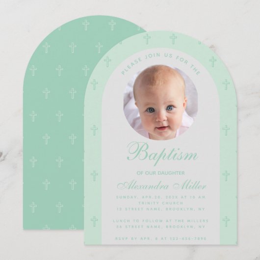 Jongen Baptism Foto Modern Arch Mint Green Script Kaart (Voorkant / Achterkant)