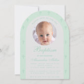 Jongen Baptism Foto Modern Arch Mint Green Script Kaart (Voorkant)