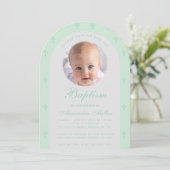 Jongen Baptism Foto Modern Arch Mint Green Script Kaart (Staand voorkant)