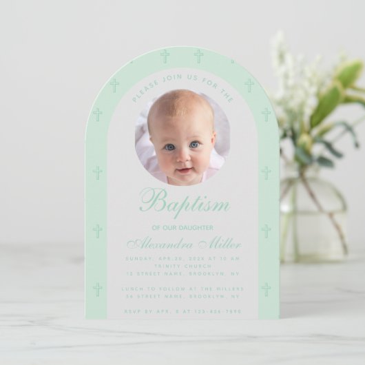 Jongen Baptism Foto Modern Arch Mint Green Script Kaart (Staand voorkant)