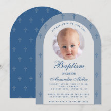 Jongen Baptism Foto Modern Dusty Blue Arch Script